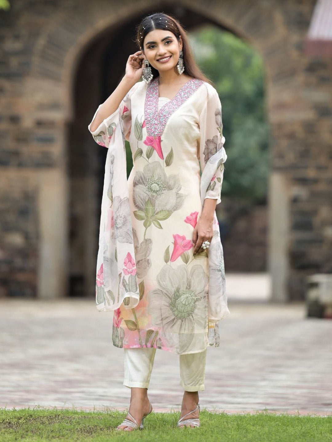 Printed Georgette Kurta With Pants &amp; Dupatta