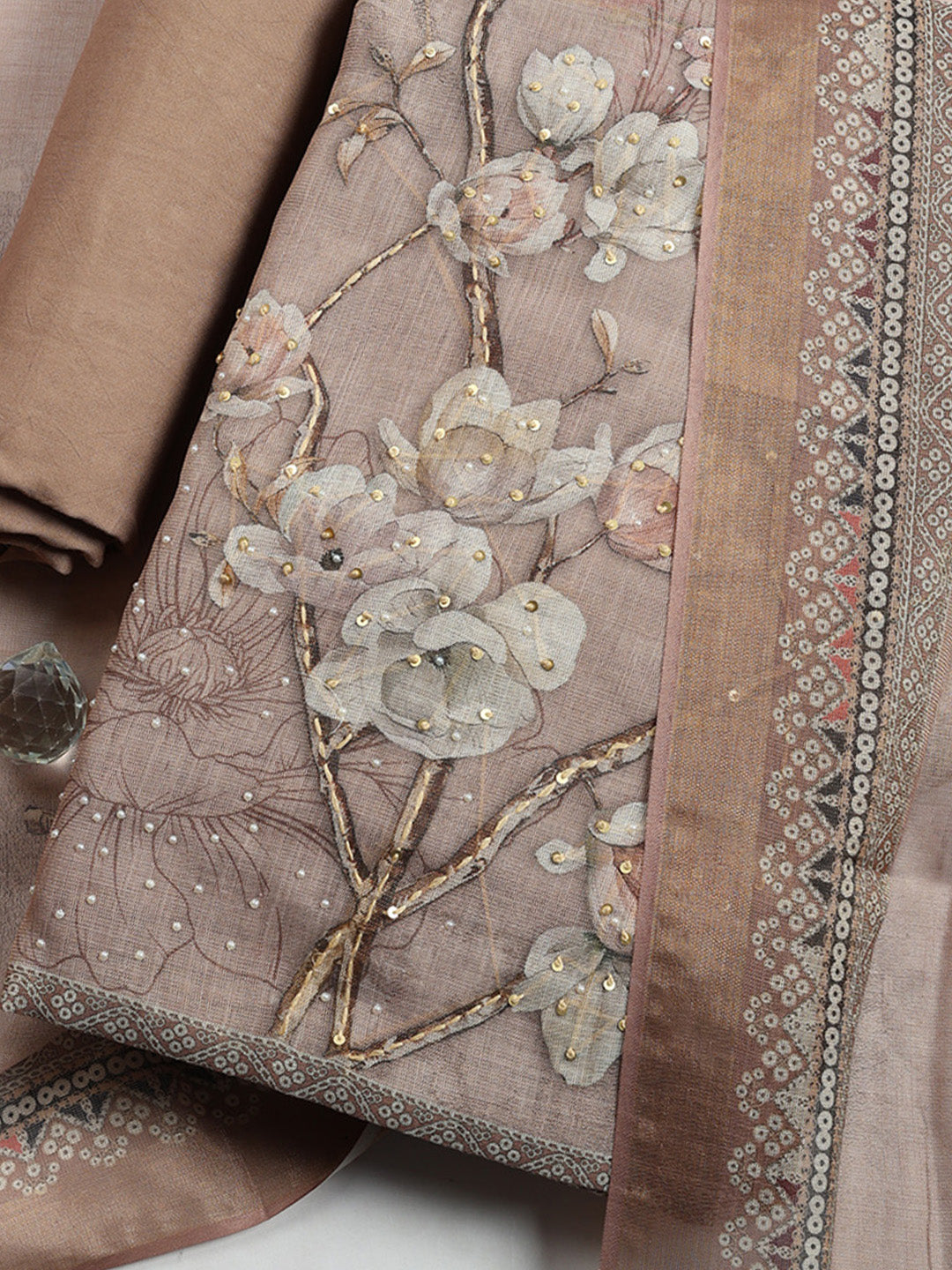 Printed Linen Blend Unstitched Suit With Pant &amp; Dupatta