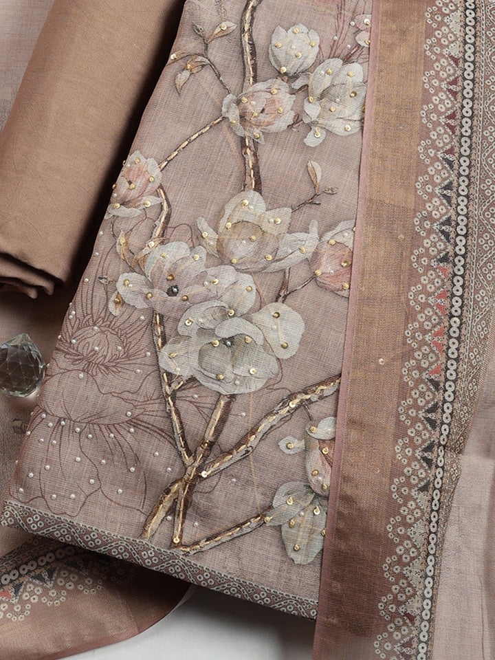 Printed Linen Blend Unstitched Suit With Pant &amp; Dupatta