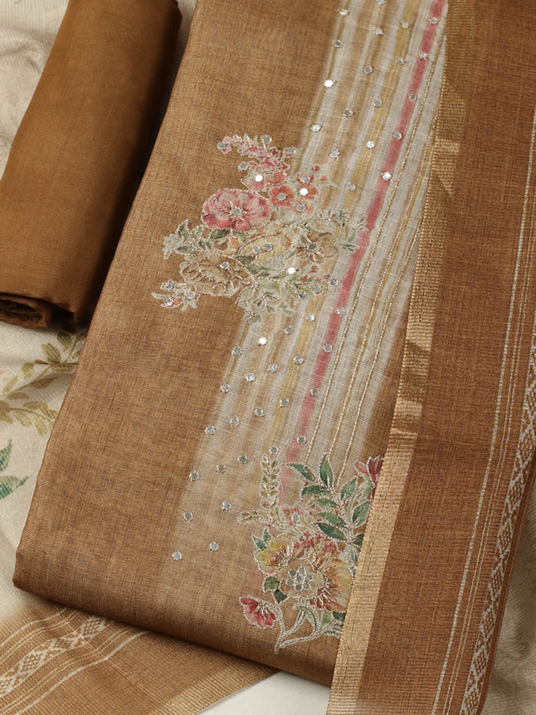 Embroidered Tissue Unstitched Suit With Pant &amp; Dupatta