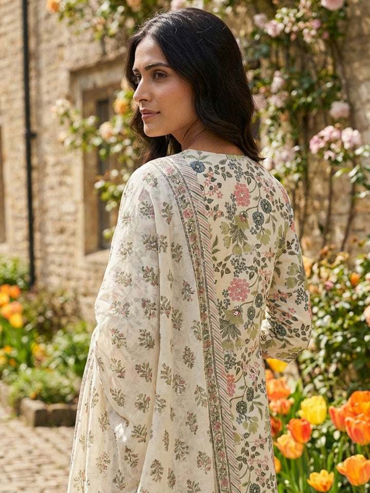 Printed Cotton Blend Suit With Pant &amp; Dupatta