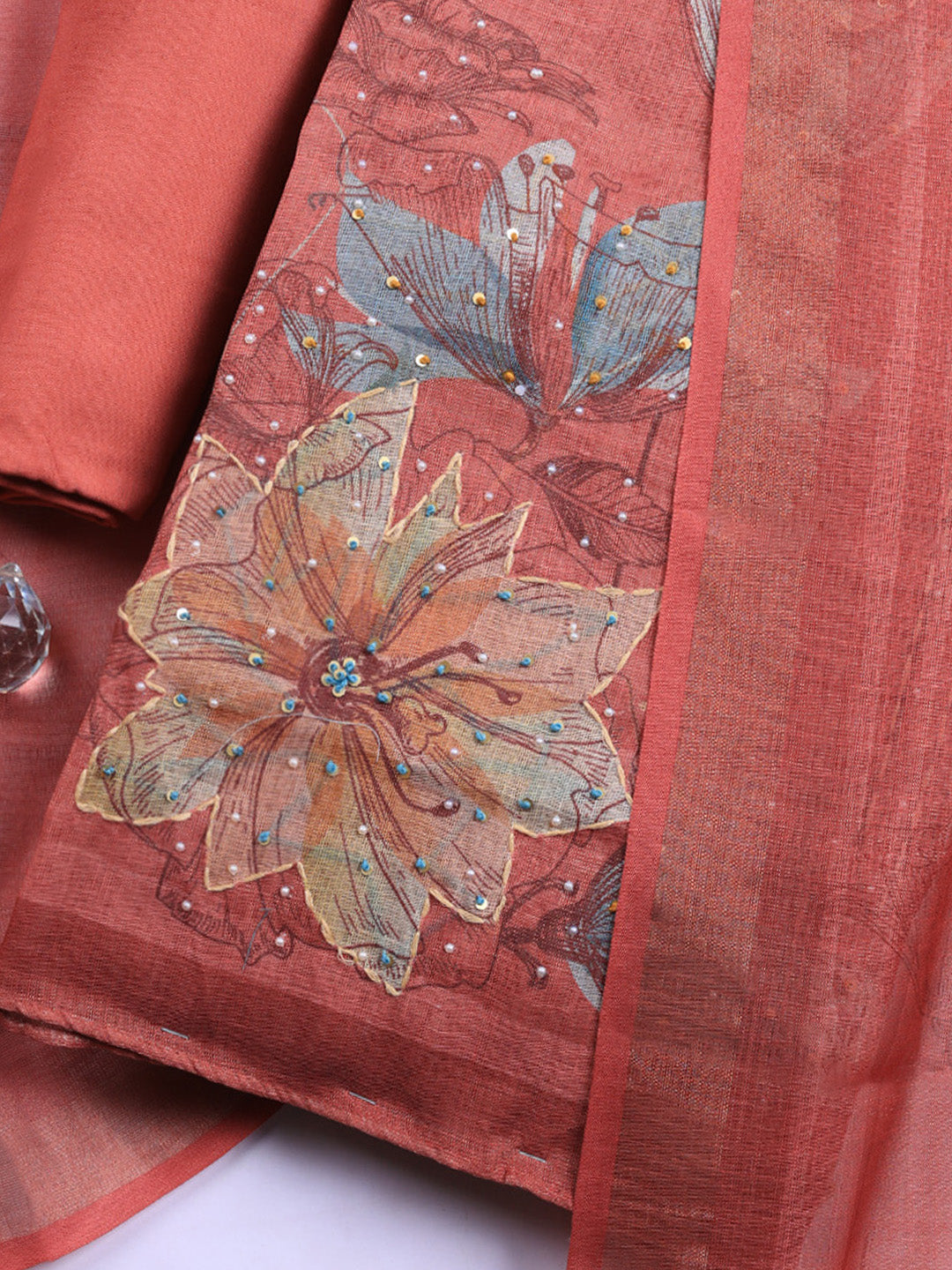 Printed Linen Blend Unstitched Suit With Pant &amp; Dupatta