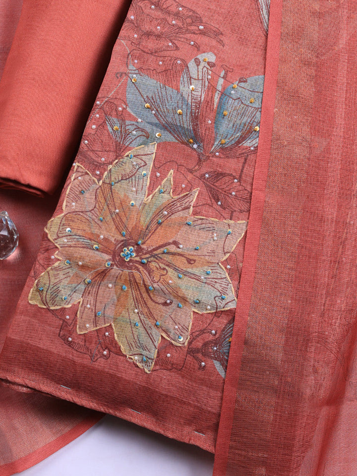 Printed Linen Blend Unstitched Suit With Pant &amp; Dupatta