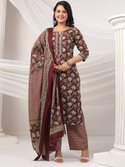 Printed Cotton Blend Kurta With Pants & Dupatta