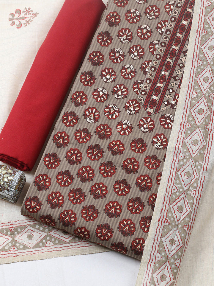 Printed Cotton Blend Unstitched Suit With Pant &amp; Dupatta