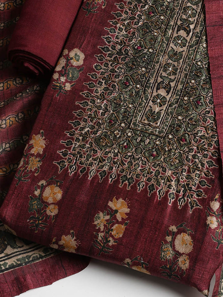 Printed Tussar Unstitched Suit With Dupatta
