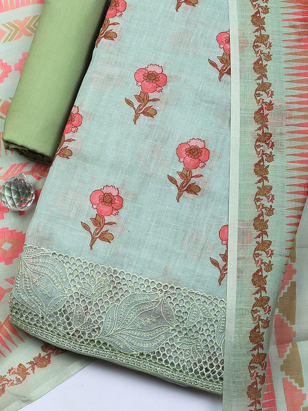Embroidered Linen Blend Unstitched Suit With Pant &amp; Dupatta