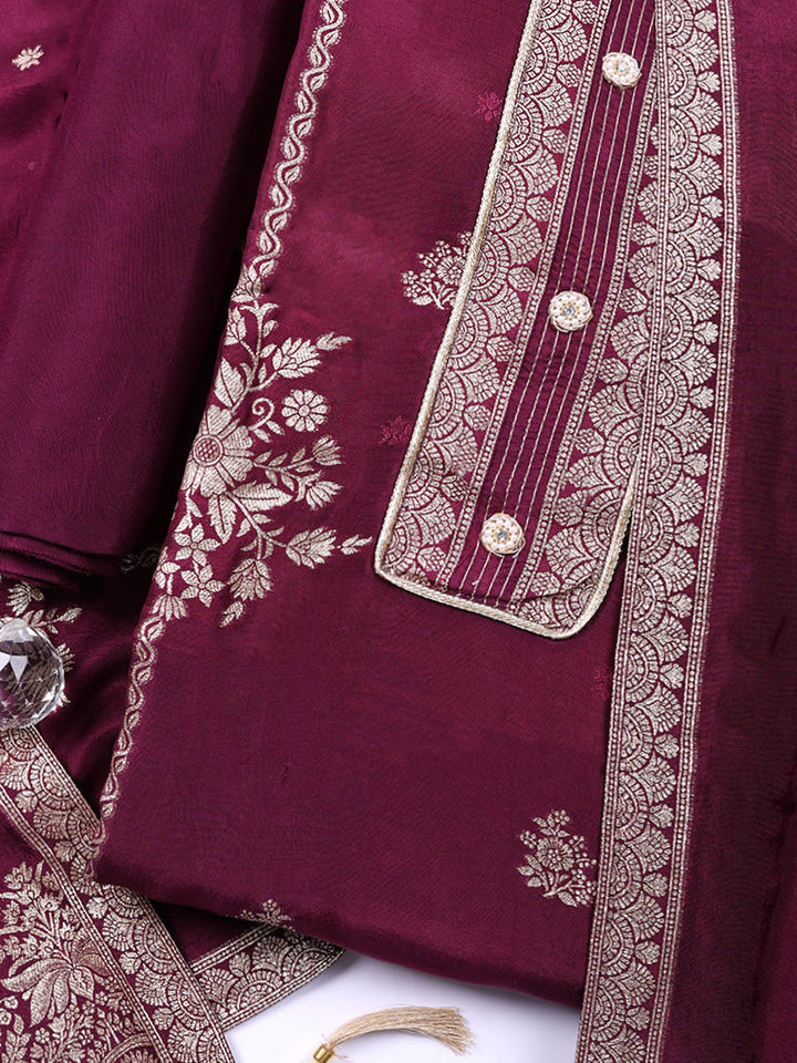 Embroidered Chanderi Unstitched Suit With Pant &amp; Dupatta
