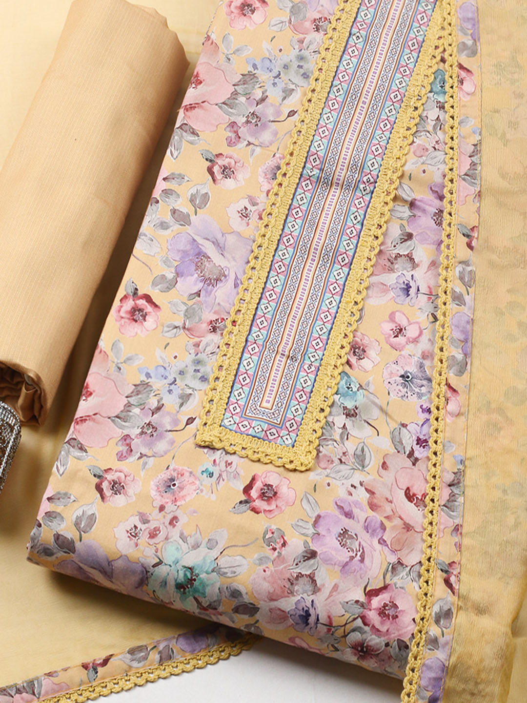 Embroidered Cotton Blend Unstitched Suit With Pant &amp; Dupatta