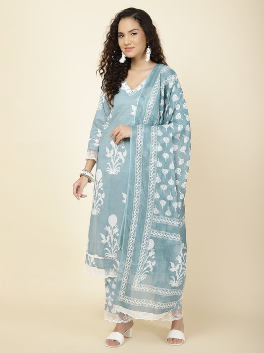 Floral Printed Cotton Kurta With Pants & Dupatta