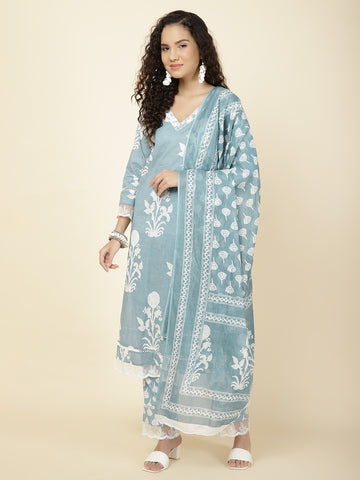 Floral Printed Cotton Kurta With Pants & Dupatta