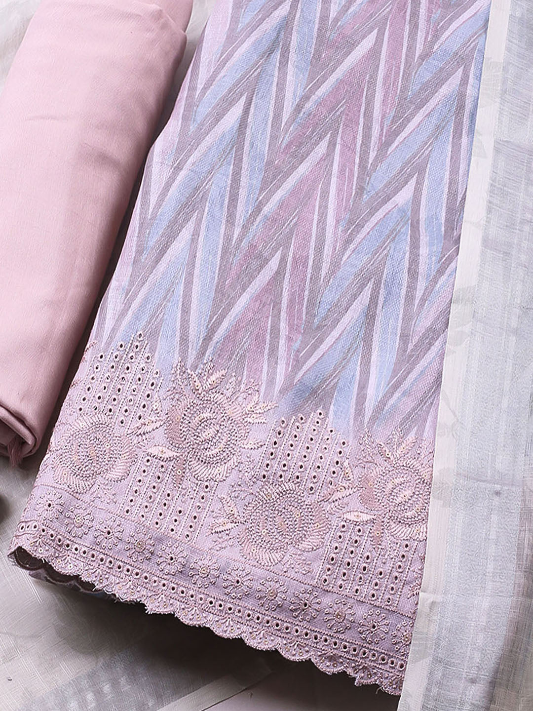 Embroidered Linen Blend Unstitched Suit With Pant &amp; Dupatta