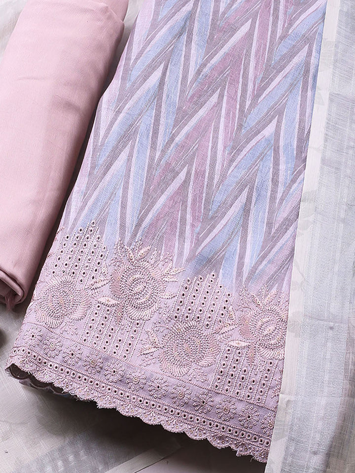 Embroidered Linen Blend Unstitched Suit With Pant &amp; Dupatta