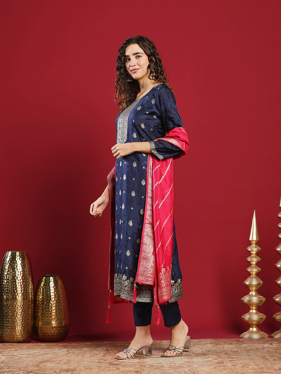 Embroidered Cotton Kurta With Pant &amp; Dupatta