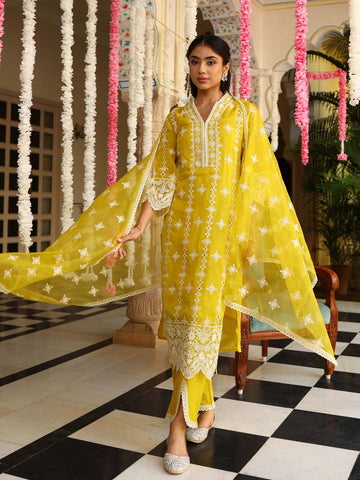 Embroidered Organza Kurta With Pants & Dupatta