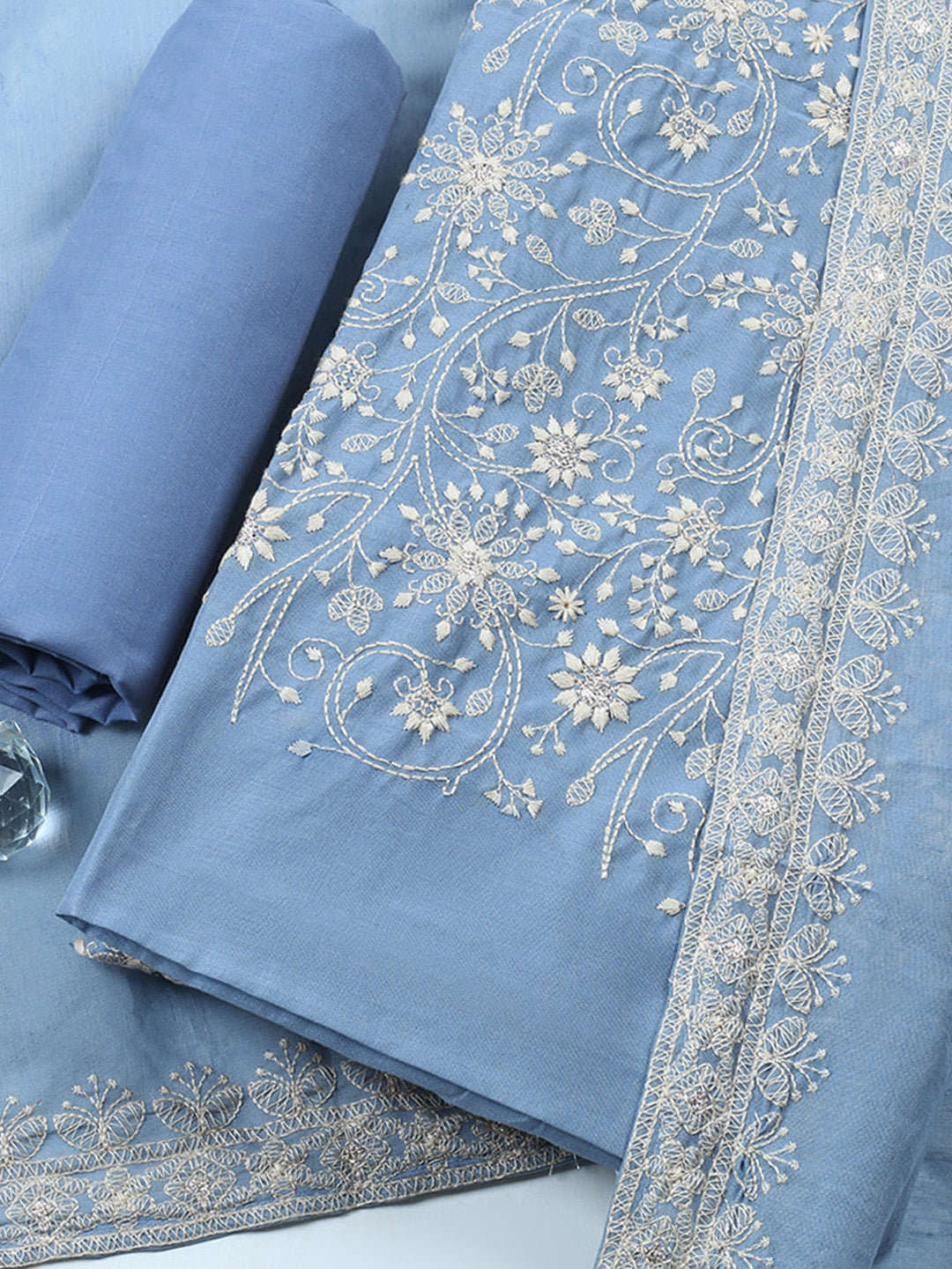 Embroidered Chanderi Unstitched Suit With Pant &amp; Dupatta