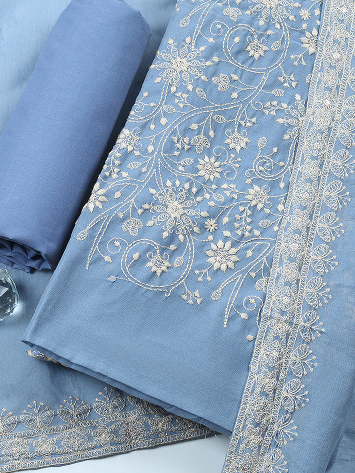 Embroidered Chanderi Unstitched Suit With Pant &amp; Dupatta