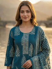 Printed Cotton Blend Kurta With Pant & Dupatta