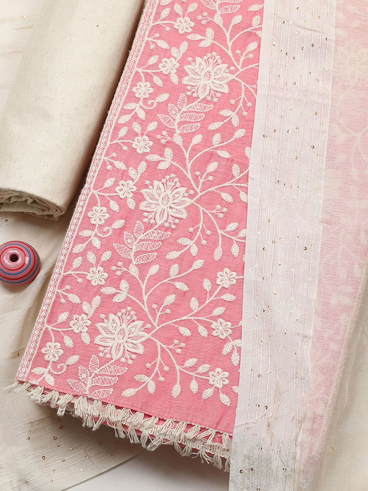Embroidered Cotton Blend Unstitched Suit With Pant &amp; Dupatta