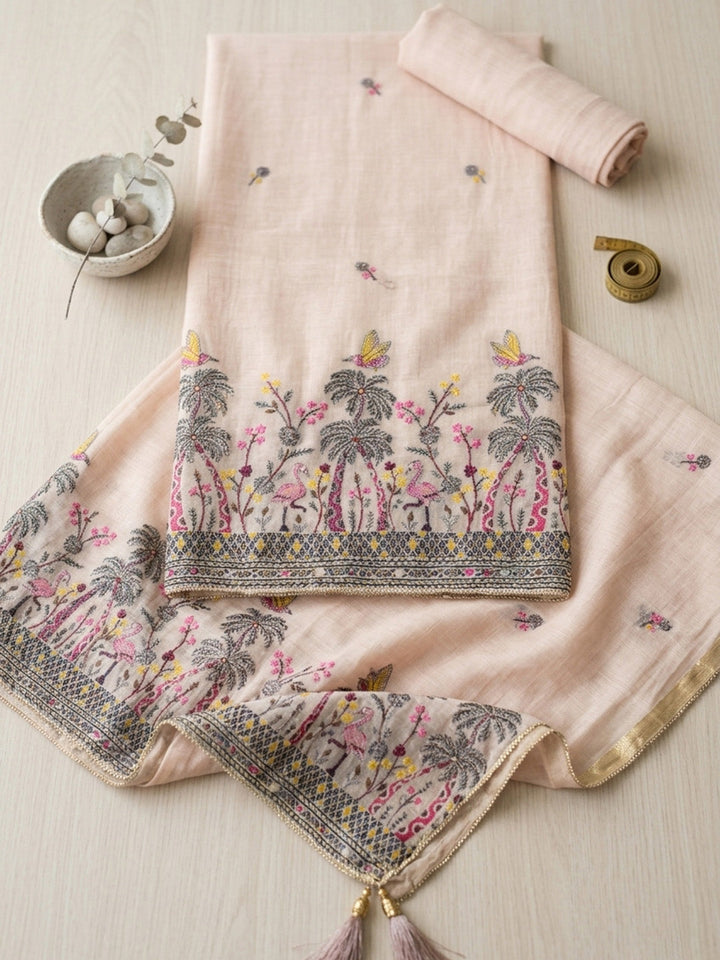 Embroidered Linen Blend Unstitched Suit With Pant &amp; Dupatta
