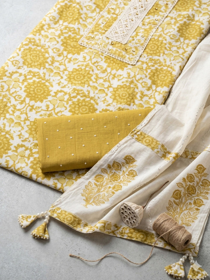 Embroidered Cotton Blend Unstitched Suit With Pant &amp; Dupatta