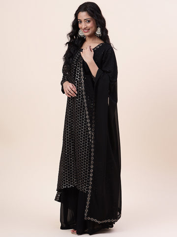 Sequin Embroidered Georgette Kurta With Palazzo & Dupatta