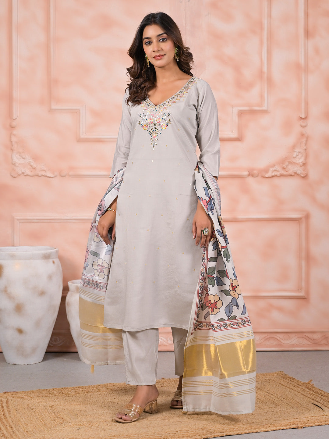 Neck Embroidered Cotton Blend Kurta With Pants &amp; Dupatta