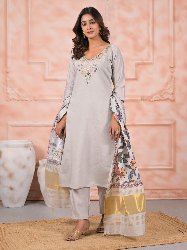 Neck Embroidered Cotton Blend Kurta With Pants &amp; Dupatta