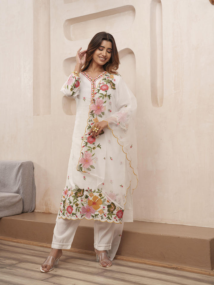 Embroidered Cotton Blend Kurta With Pants &amp; Dupatta