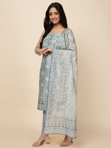 Kantha Embroidered Chanderi Unstitched Suit With Dupatta