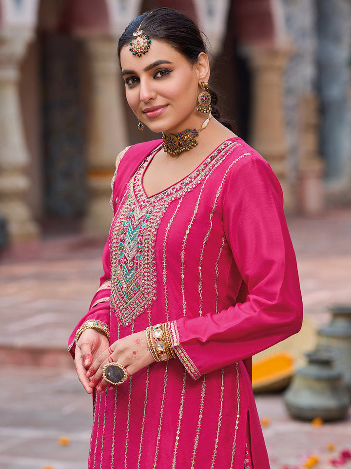 Embroidered Chinon Kurta With Plazzo &amp; Dupatta