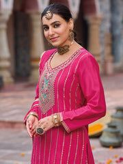 Embroidered Chinon Kurta With Plazzo & Dupatta