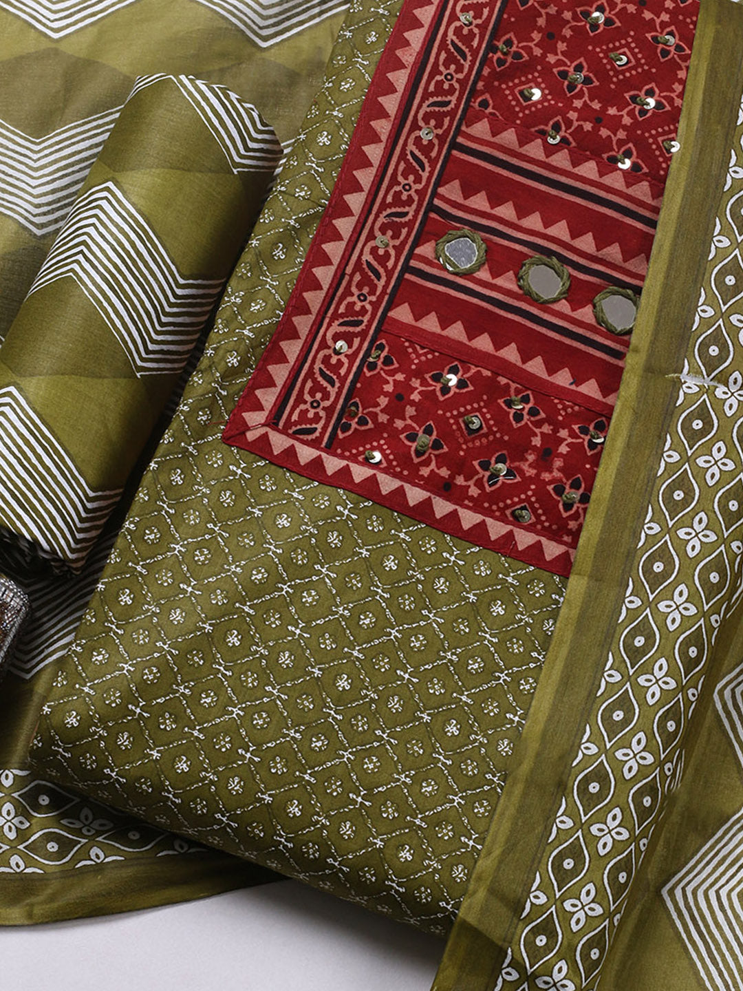 Printed Cotton Blend Unstitched Suit With Pant &amp; Dupatta