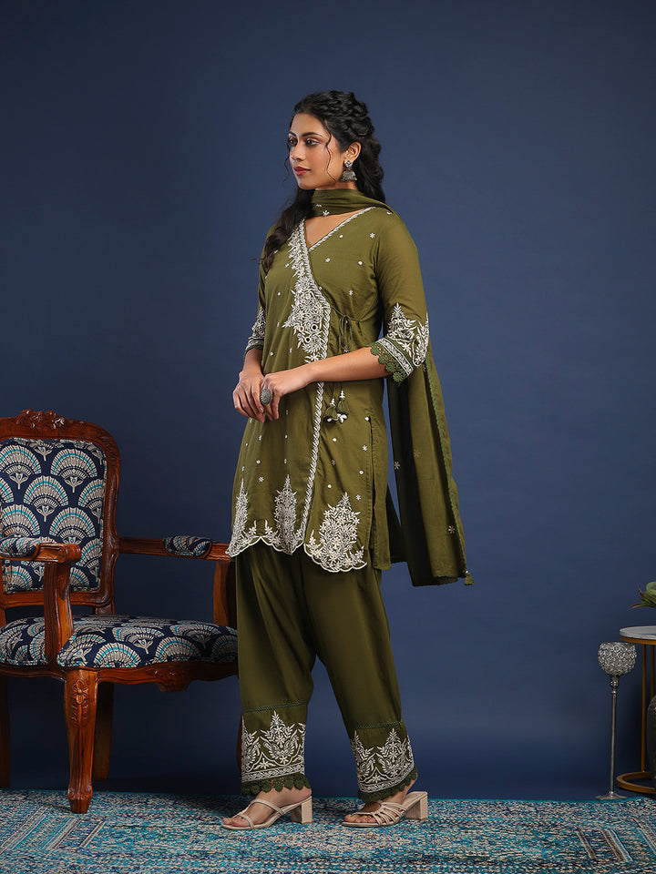 Embroidered Cotton Kurta With Pant &amp; Dupatta