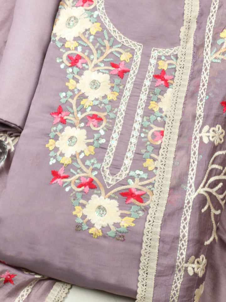 Embroidered Chanderi Unstitched Suit With Pant &amp; Dupatta