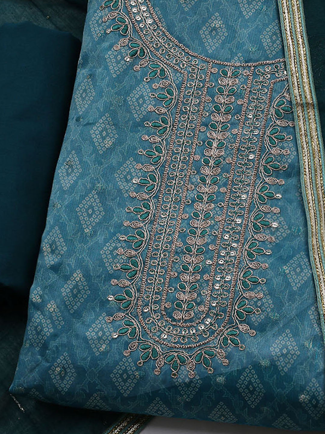 Neck Embroidered Chanderi Unstitched Suit With Dupatta