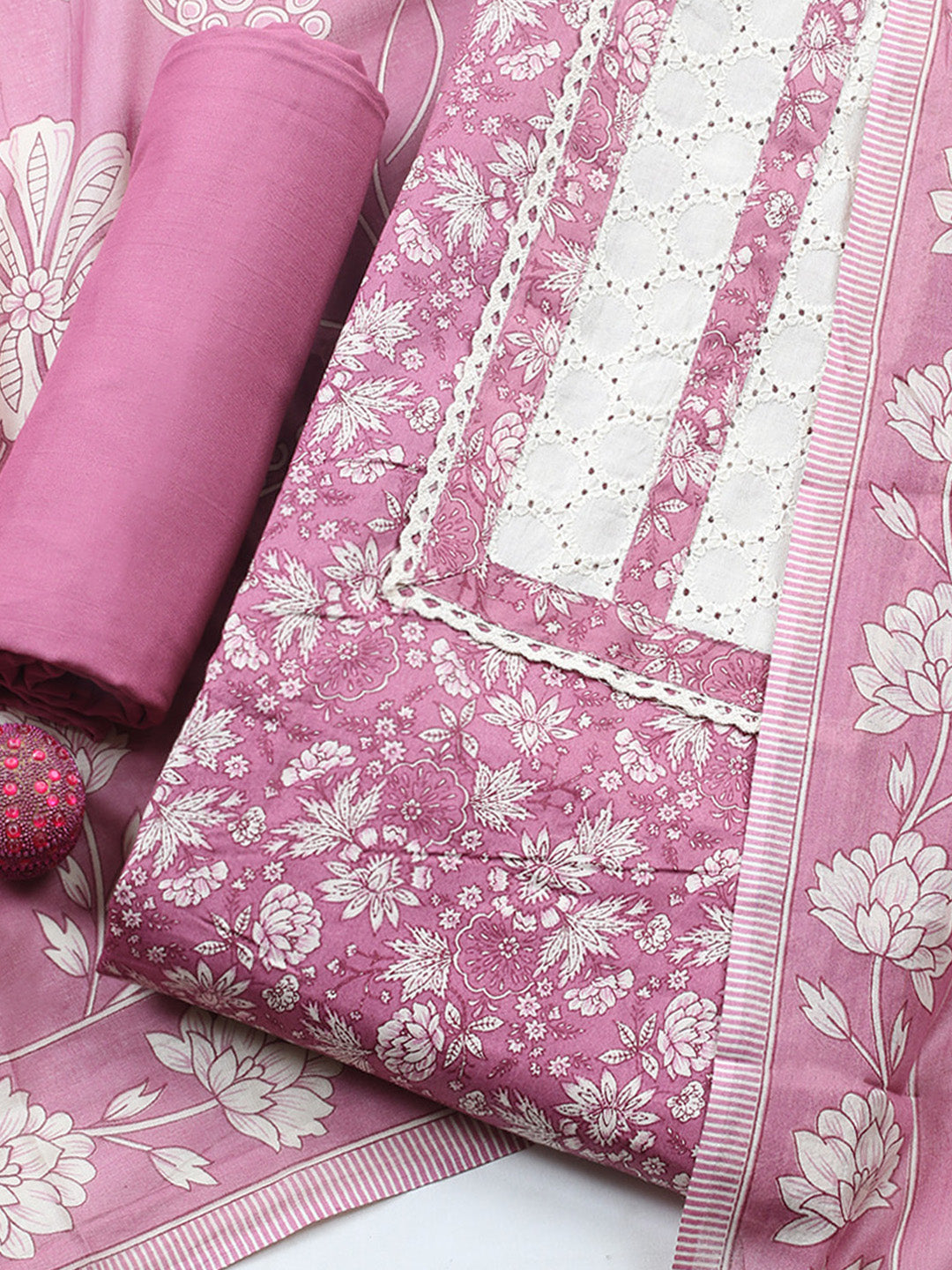 Printed Cotton Blend Unstitched Suit With Pant &amp; Dupatta