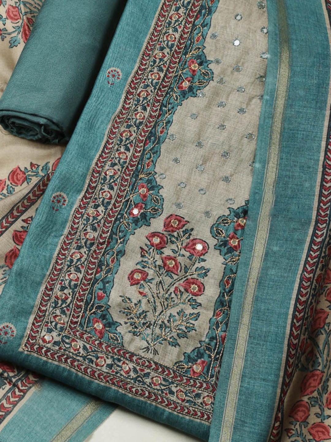 Printed Chanderi Unstitched Suit With Pant &amp; Dupatta