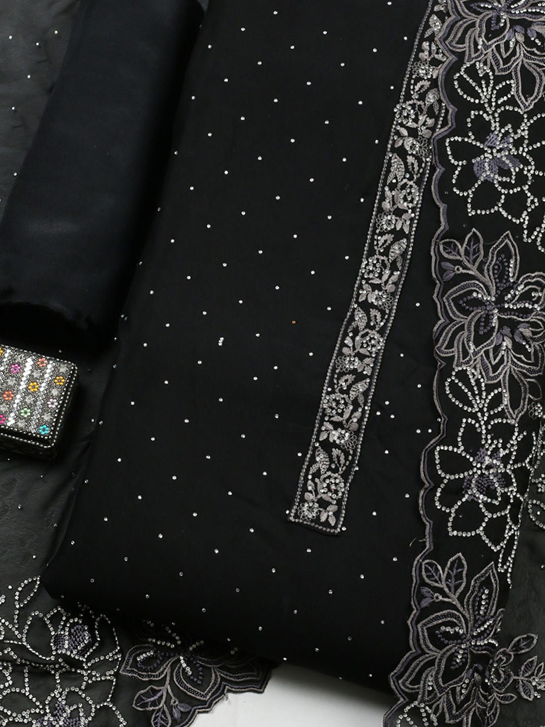 Embellished Art Silk Unstitched Suit With Pant &amp; Dupatta