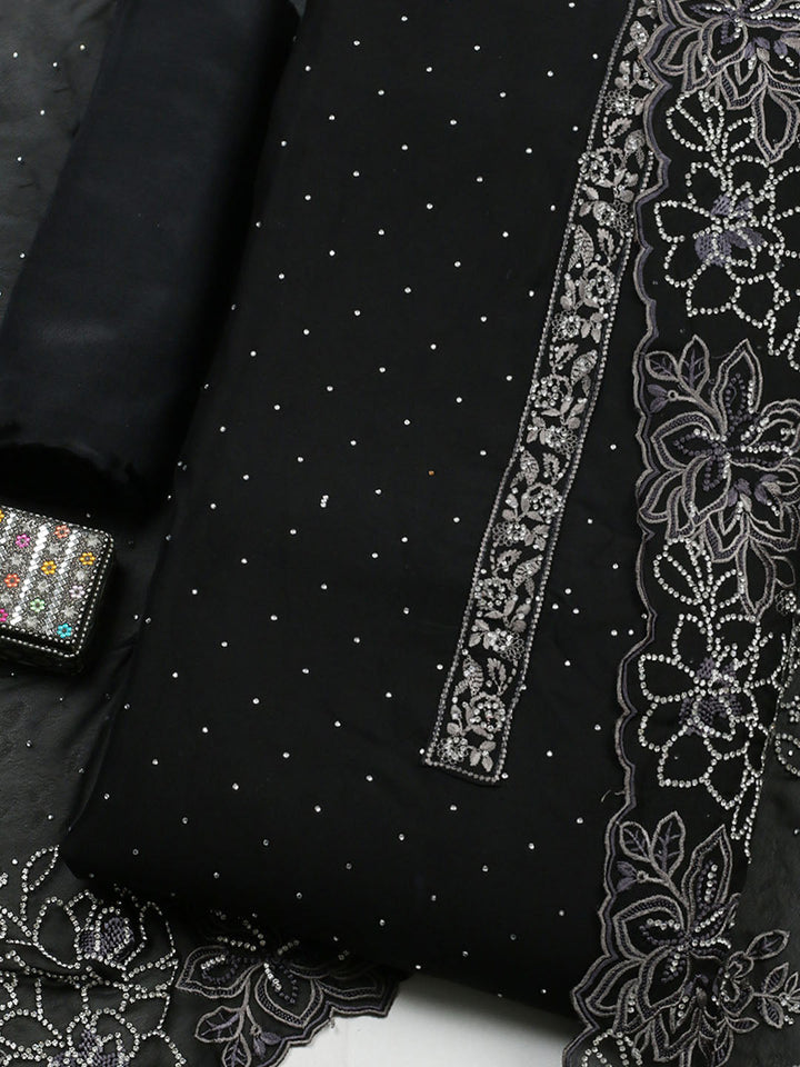 Embellished Art Silk Unstitched Suit With Pant &amp; Dupatta