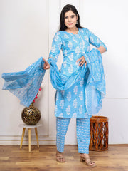 Embroidered Cotton Blend Kurta With Pant & Dupatta