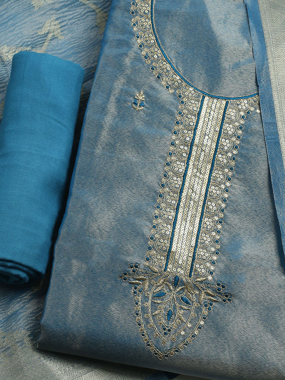 Embroidered Tissue Unstitched Kurta With Pant & Dupatta