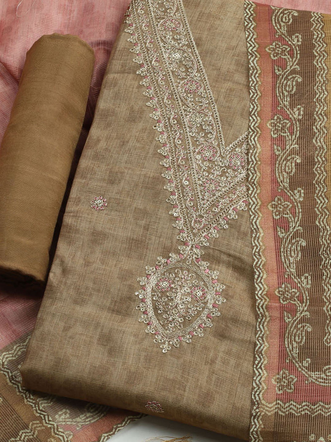 Embroidered Tissue Unstitched Kurta With Pant & Dupatta