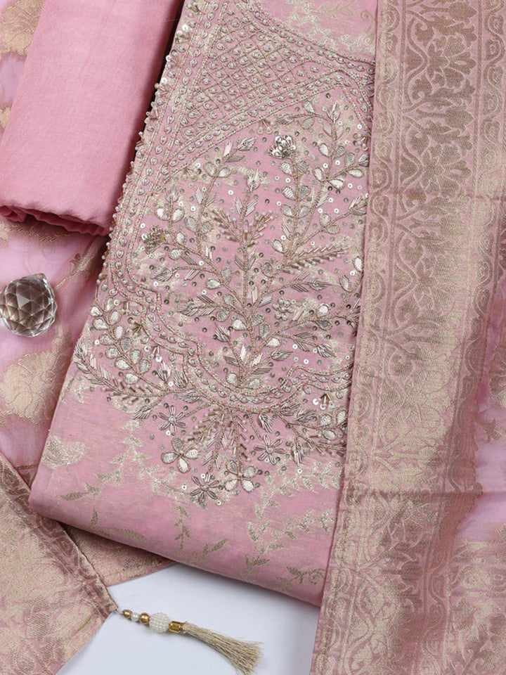 Embroidered Chanderi Unstitched Suit With Pant &amp; Dupatta