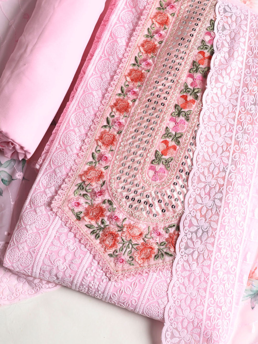 Chikan Work Georgette Unstitched Suit With Dupatta