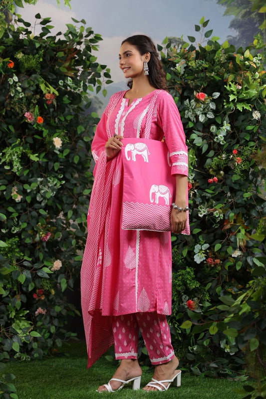 Printed Cotton Kurta With Pants & Dupatta With Bag