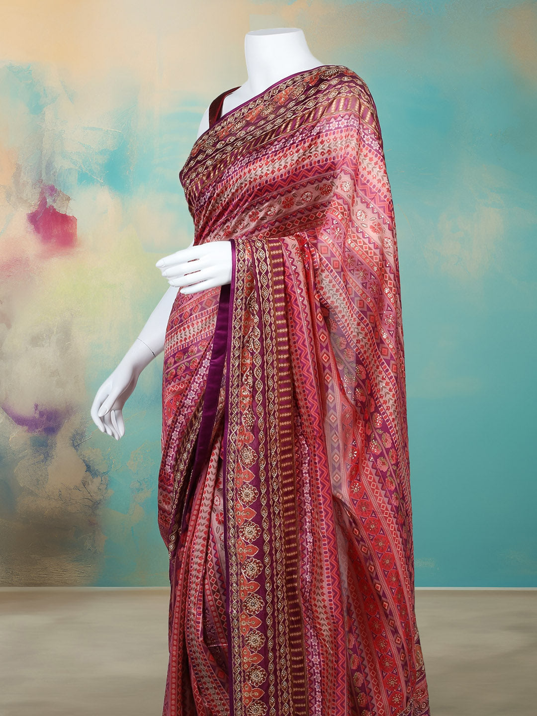 Printed &amp; Embellished Organza Saree