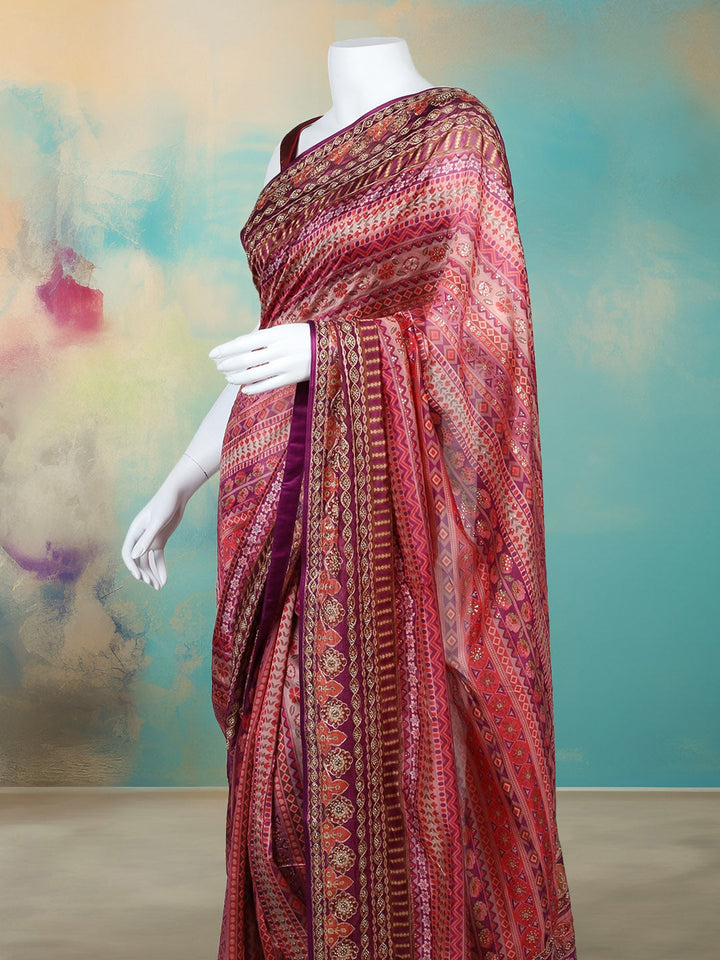 Printed &amp; Embellished Organza Saree