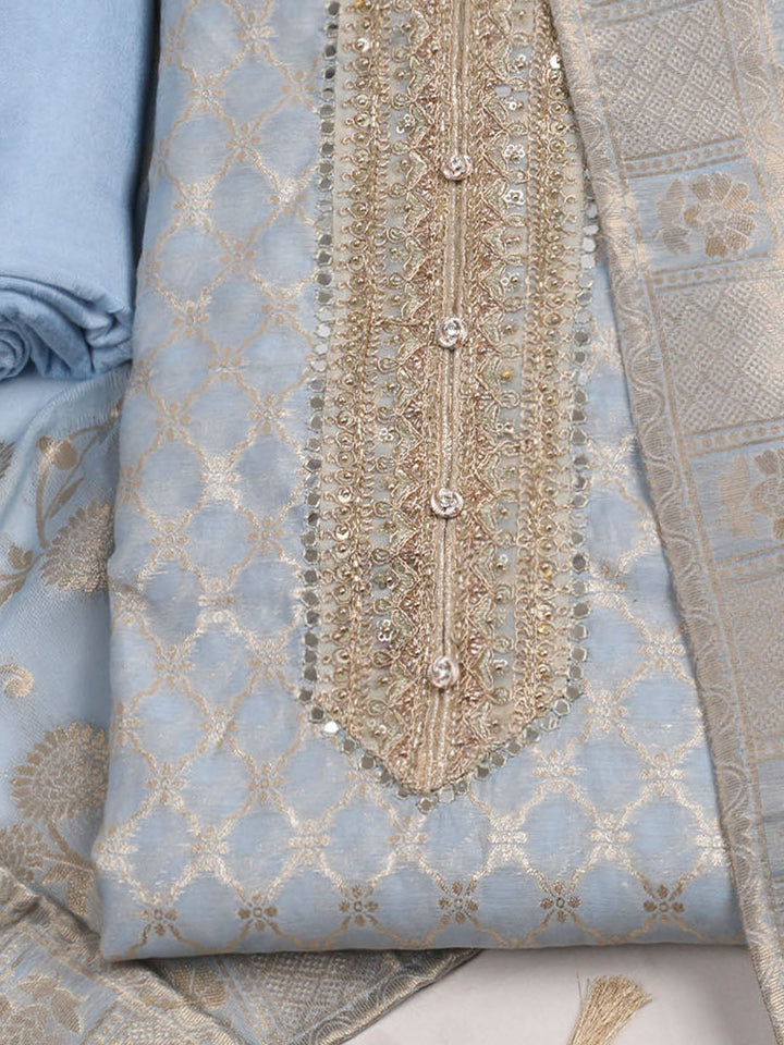 Neck Patti Printed Chanderi Unstitched Suit With Dupatta