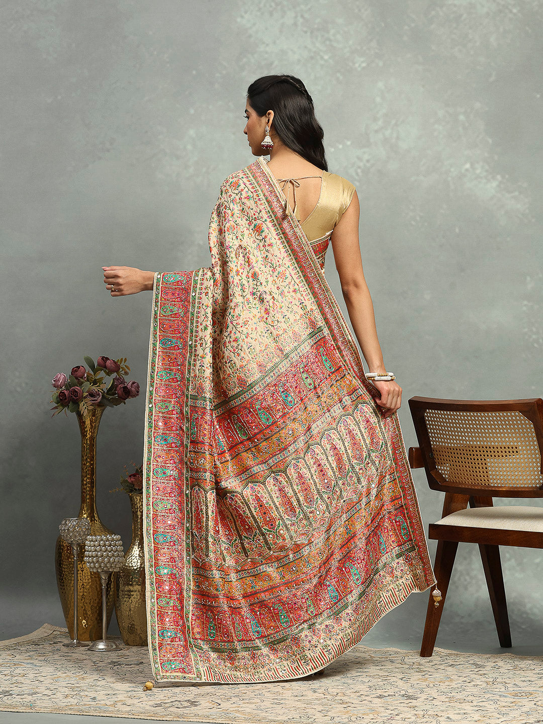 Floral Woven Embroidered Dola Silk Saree
